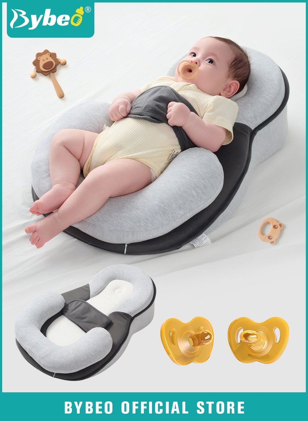 Bybeo Baby Wedge Pillow + 2-Piece Pacifier Set, Baby Lounger Pillow, Baby Feeding Support Pillow, Newborn Nursing Pillow, Infant Head Shaping Pillow for Reducing Spit-Up, Bottle Feeding, Head Shaping