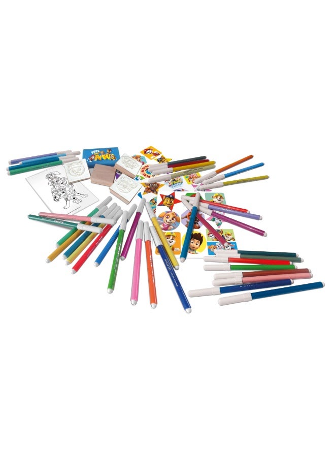 MULTIPRINT Paw Patrol Mega Art Set for Kids | 60 Felt Tip Pens, 10 Pencil Crayons, 10 Wax Crayons, 6 Stamps, Ink Pad, Coloring Book, Notebook & 30 Stickers | Creative Drawing & Coloring Kit - Image 4