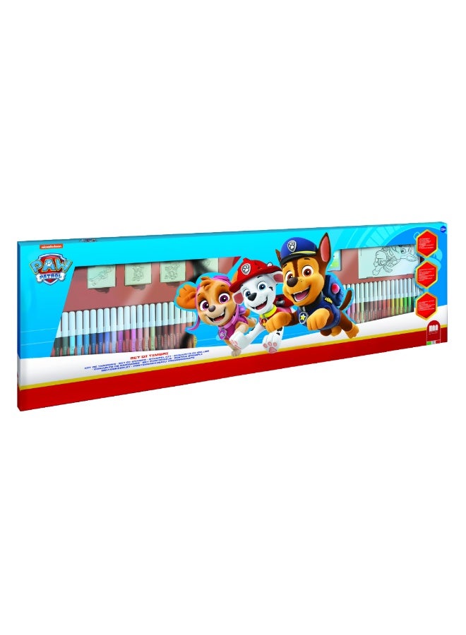 MULTIPRINT Paw Patrol Mega Art Set for Kids | 60 Felt Tip Pens, 10 Pencil Crayons, 10 Wax Crayons, 6 Stamps, Ink Pad, Coloring Book, Notebook & 30 Stickers | Creative Drawing & Coloring Kit - Image 2