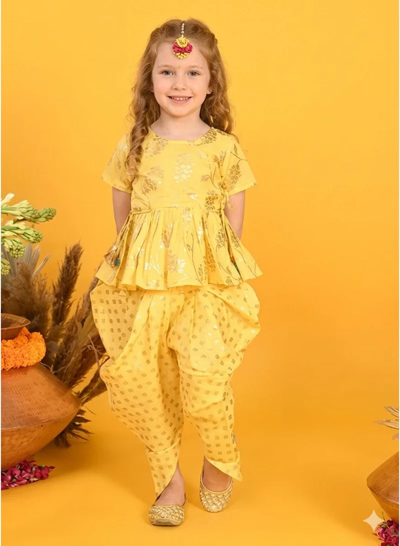 Saka Designs Floral Printed Yellow Kurta with Dhoti Pants for Girls