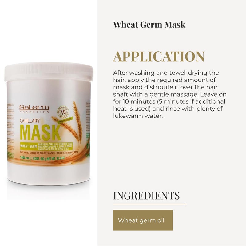 SALERM - Nourishing Hair Mask - 1000 ml - with Wheat Germ - for Dry and Damaged Hair - Deep Hair Hydration - Shine and Brightness - Hair Strengthening - Image 4