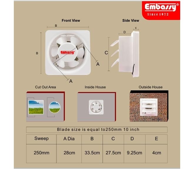 Embassy مروحة تهوية عالية الأداء 10 بوصة - ضوضاء منخفضة، تدفق هواء كبير، كفاءة في استهلاك الطاقة، محرك طويل العمر، مثالية للاستخدام في المنزل والمطبخ، ضمان لمدة 2 سنة - Image 3