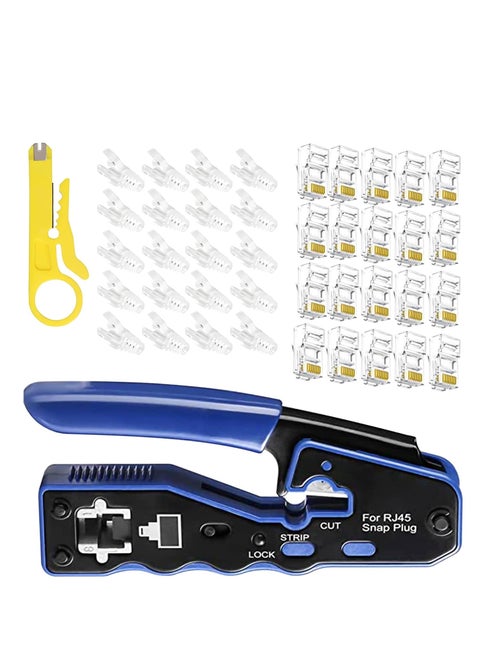 RJ45 Crimp Tool, Kit of RJ45 Crimping Tool, RJ45 Pass Through Crimp Tool with 50 PCS CAT6 Pass Through Connectors, 50 PCS RJ45 Cat6 Protection Covers and Mini Stripping Plier