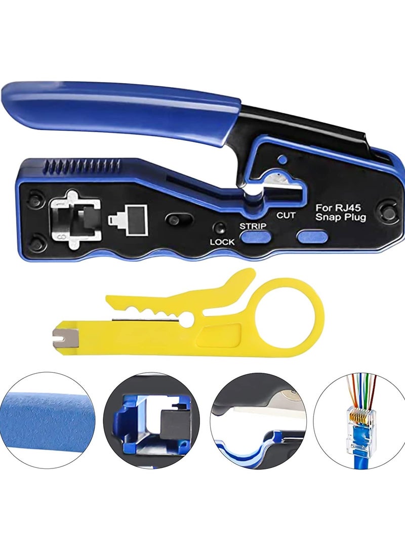 SYOSI - RJ45 Crimp Tool, Kit of RJ45 Crimping Tool, RJ45 Pass Through Crimp Tool with 50 PCS CAT6 Pass Through Connectors, 50 PCS RJ45 Cat6 Protection Covers and Mini Stripping Plier - Image 1