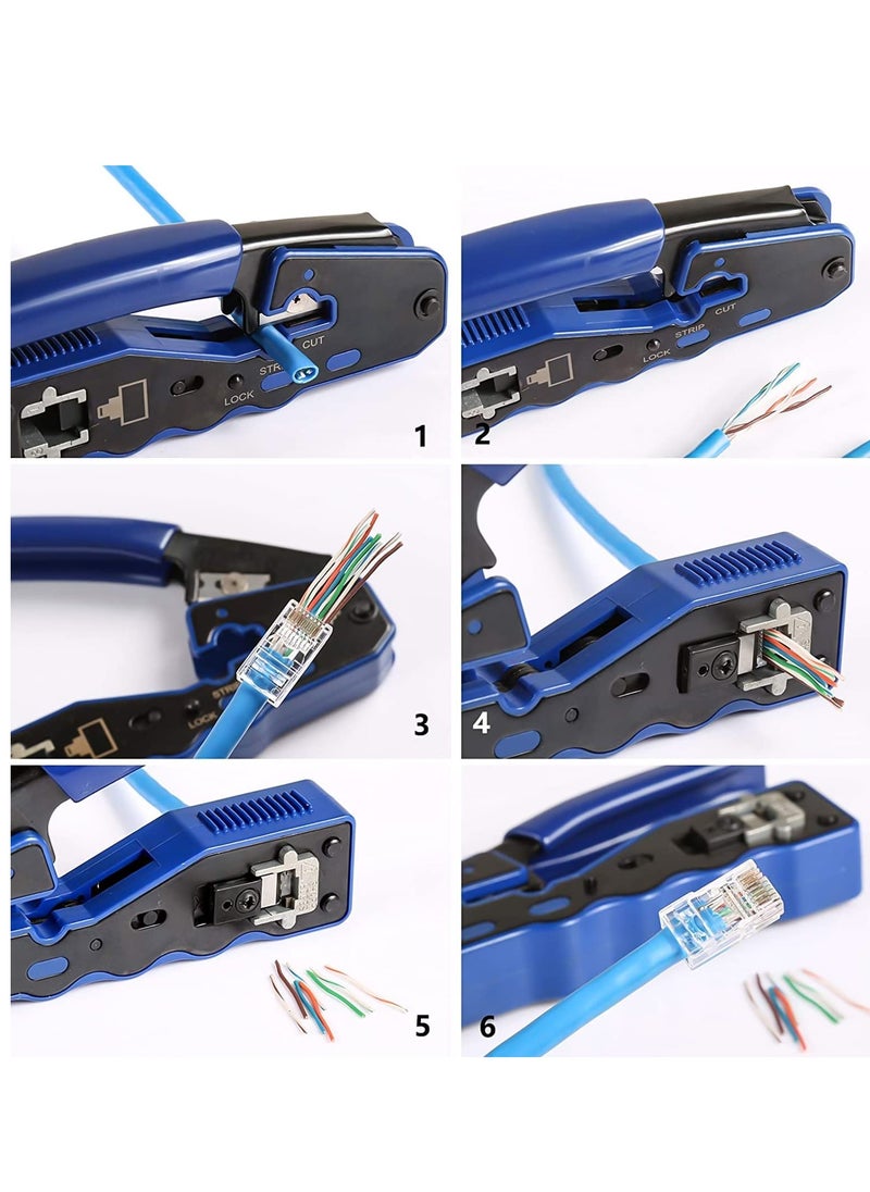 SYOSI - RJ45 Crimp Tool, Kit of RJ45 Crimping Tool, RJ45 Pass Through Crimp Tool with 50 PCS CAT6 Pass Through Connectors, 50 PCS RJ45 Cat6 Protection Covers and Mini Stripping Plier - Image 1