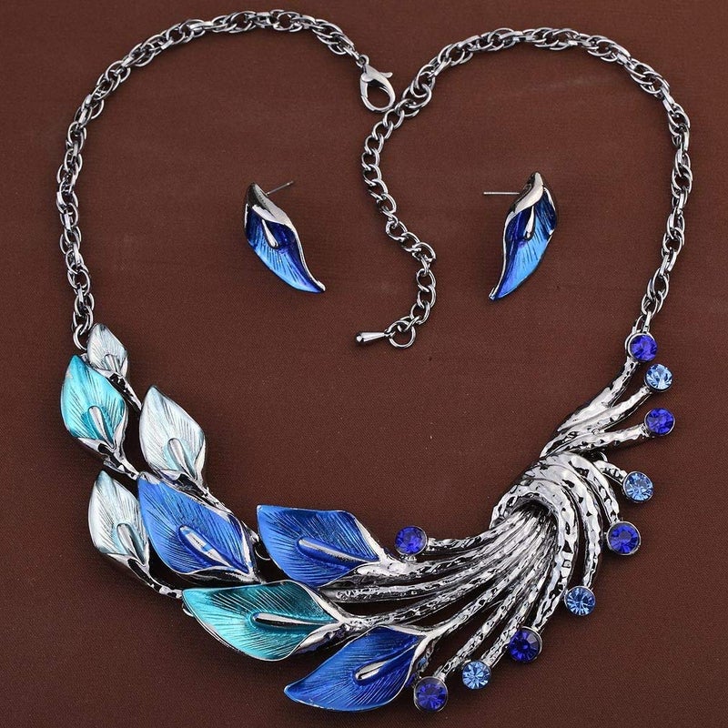 YAZILIND Ethnic Style Blue Peacock Chunky Bib Earrings Necklace Set Wedding Party - Image 2
