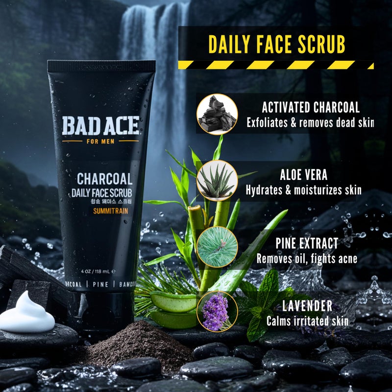BAD ACE غسول وجه الفحم اليومي للرجال من باد إيس مع مقشرات، غسول وجه كوري مقشر وغسول للوجه للرجال، للعناية بالبشرة العميقة، منظف وجه للرجال للبشرة العادية إلى الدهنية، قمة المطر، 4 أونصات - Image 2