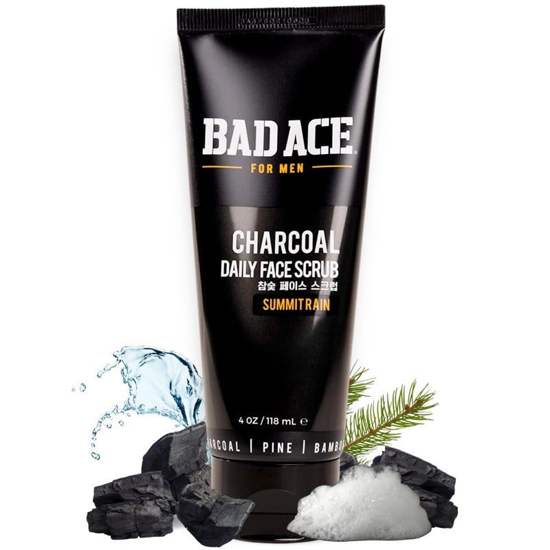 BAD ACE غسول وجه الفحم اليومي للرجال من باد إيس مع مقشرات، غسول وجه كوري مقشر وغسول للوجه للرجال، للعناية بالبشرة العميقة، منظف وجه للرجال للبشرة العادية إلى الدهنية، قمة المطر، 4 أونصات - Image 1