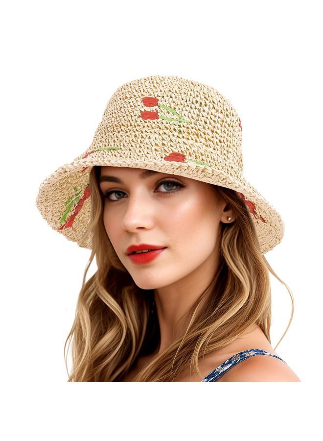 DOCILA Lovely Cherry Straw Sun Hat Women Packable Wide Brim Sun Protection Caps Aesthetic Fruits Print Bucket Hats Adjustable Rope - Image 1
