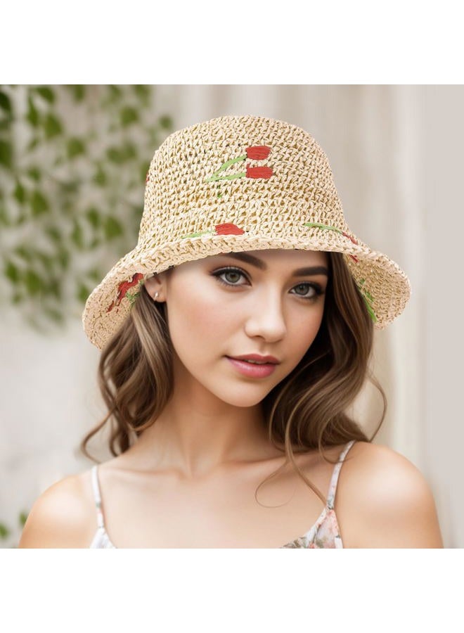 DOCILA Lovely Cherry Straw Sun Hat Women Packable Wide Brim Sun Protection Caps Aesthetic Fruits Print Bucket Hats Adjustable Rope - Image 2