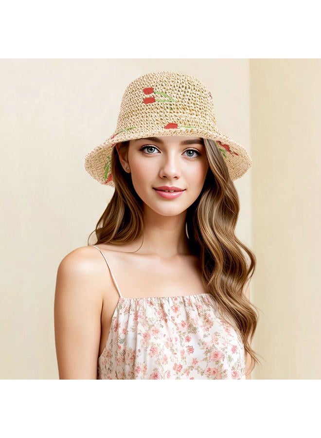 DOCILA Lovely Cherry Straw Sun Hat Women Packable Wide Brim Sun Protection Caps Aesthetic Fruits Print Bucket Hats Adjustable Rope - Image 3