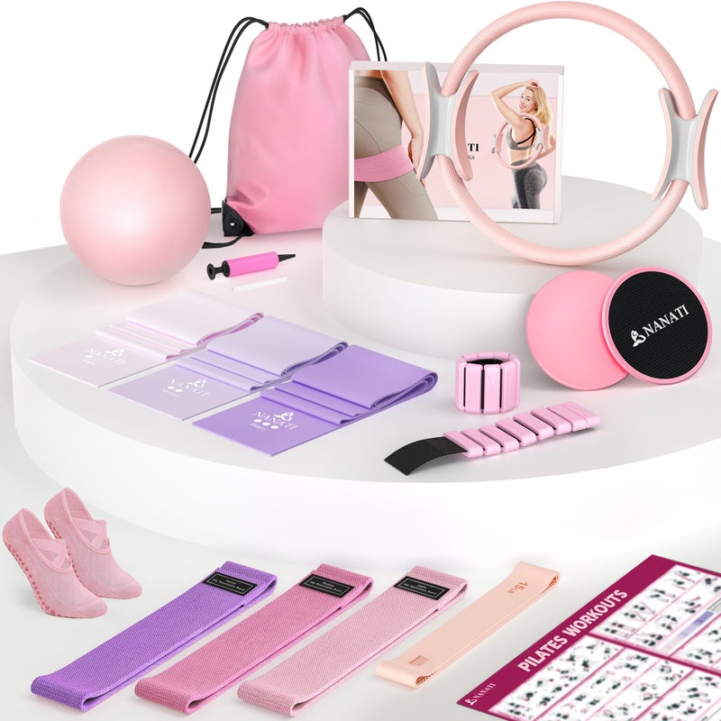 NANATI Pilates Kit 18PCS, Pilates Essentials Kit for Women Home Workouts, Pilates Equipment with 14.5" Pilates Ring and Ball,7 Resistance Bands,Ankle Weights,Sliders & Grip Socks for Beginners - Image 1