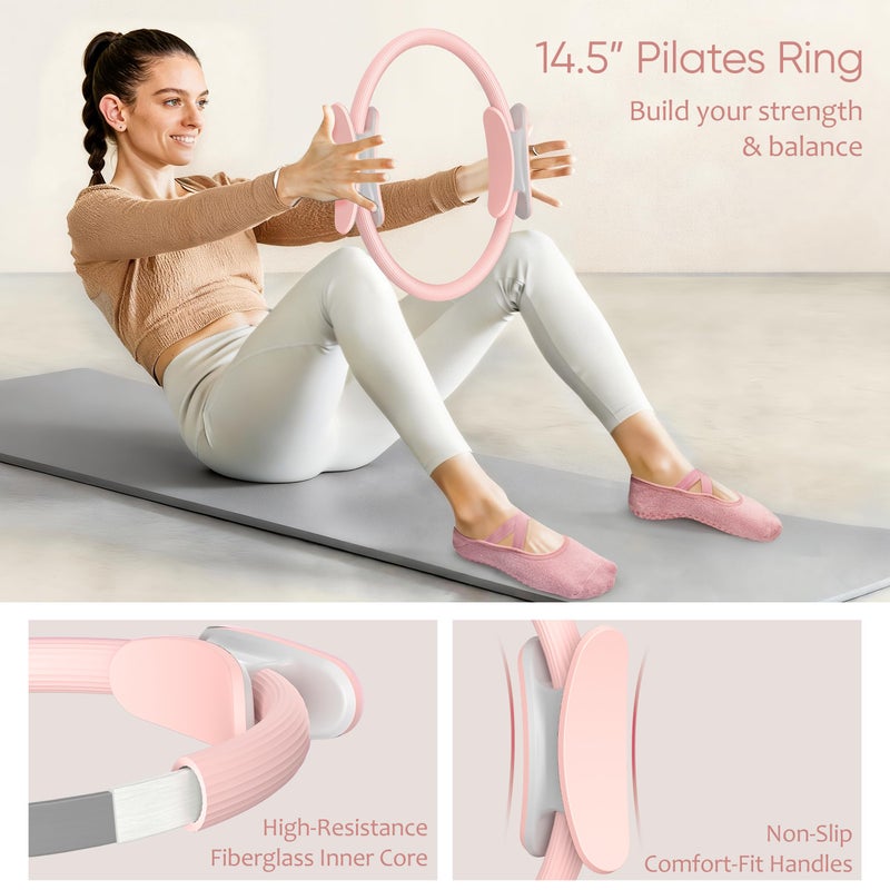 NANATI Pilates Kit 18PCS, Pilates Essentials Kit for Women Home Workouts, Pilates Equipment with 14.5" Pilates Ring and Ball,7 Resistance Bands,Ankle Weights,Sliders & Grip Socks for Beginners - Image 3