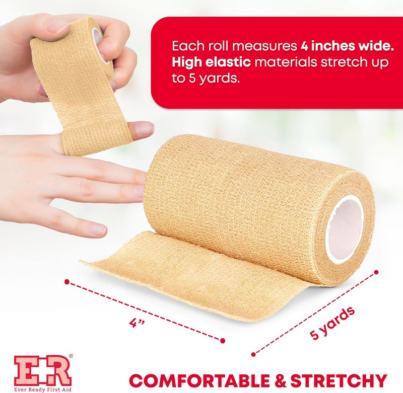 Ever Ready First Aid Self Adherent Cohesive Wrap Bandages 4 x 5 Yards for First Aid Sprains Swelling Sports Pets Tan  6 Count - Image 2