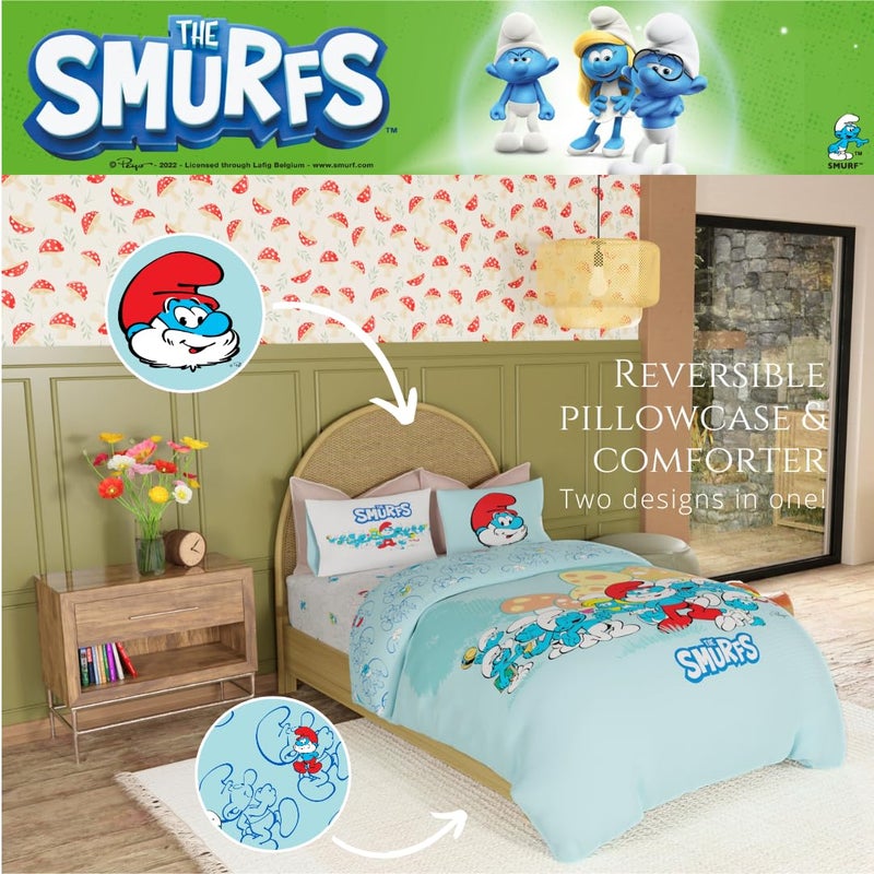 Franco Franco The Smurfs Kids Bedding Super Soft Cozy Reversible Comforter and Sheet Set  5 Piece Full Size  (Officially Licensed Product)  - Image 4