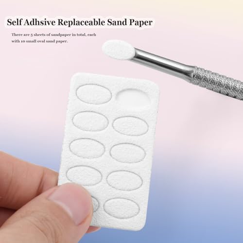 KACHIMOO Cuticle Pusher with 2 Ends,Pre-treatment Cuticle Pusher Cuticle Remover with Sandpaper Sheets,Nail Art Dead Skin Removing Manicure Tool (1 Cuticle Pusher+5 Sandpaper Sheets) - Image 3