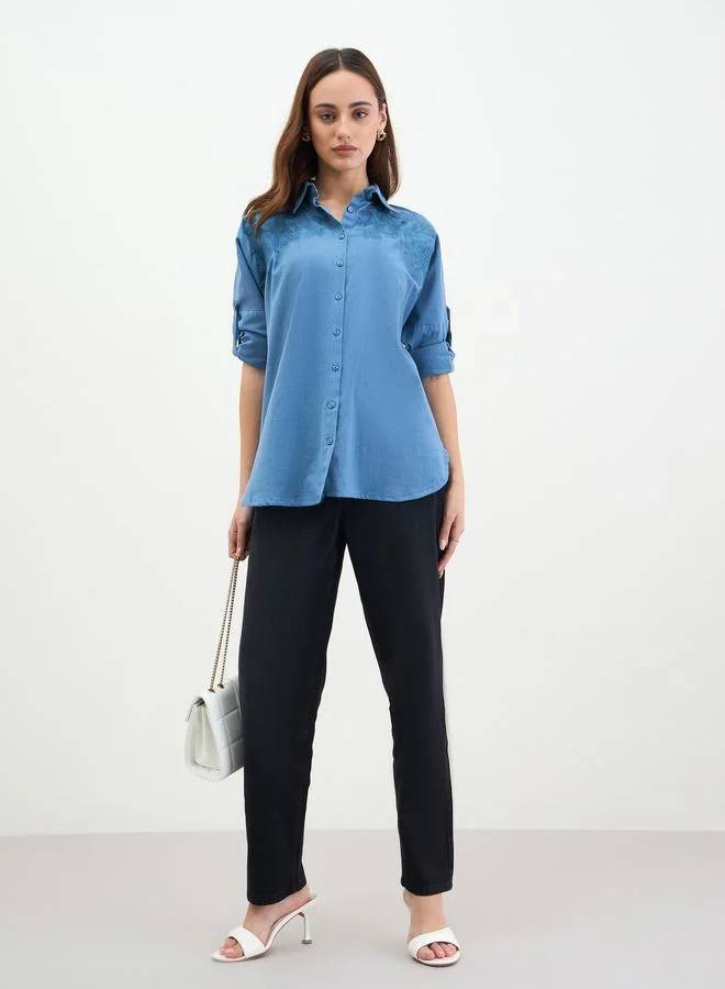 Styli Blue Embroidered Longline Shirt