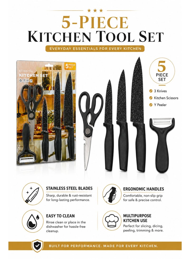 5 Piece Kitchen Knife Set with Scissors & Peeler, Non-Stick Stainless Steel Blades, Multipurpose Cooking Knife Set for Fruits, Vegetables & Meat , Black - Image 3