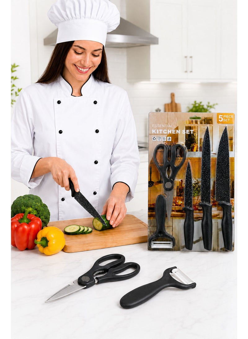 5 Piece Kitchen Knife Set with Scissors & Peeler, Non-Stick Stainless Steel Blades, Multipurpose Cooking Knife Set for Fruits, Vegetables & Meat , Black - Image 4