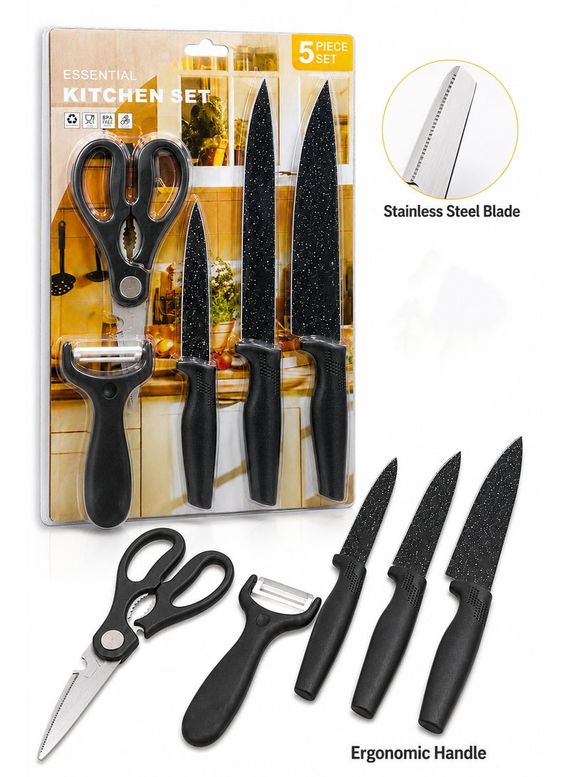 5 Piece Kitchen Knife Set with Scissors & Peeler, Non-Stick Stainless Steel Blades, Multipurpose Cooking Knife Set for Fruits, Vegetables & Meat , Black - Image 2