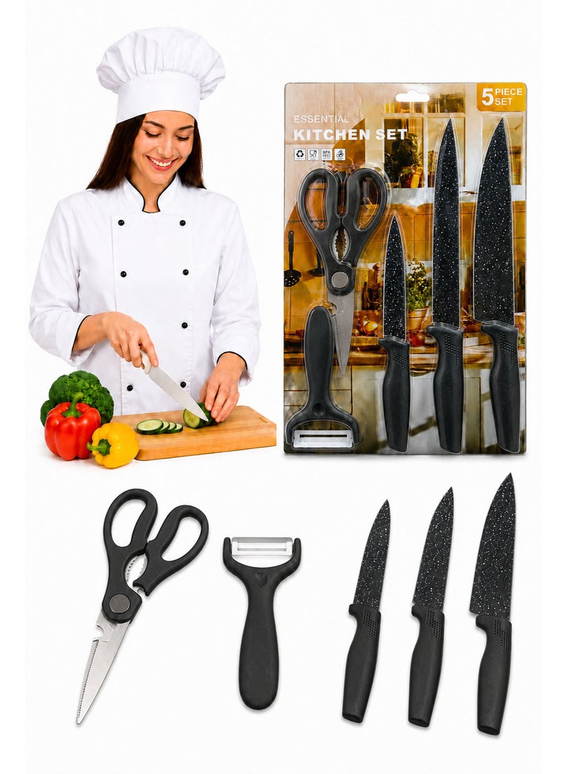 5 Piece Kitchen Knife Set with Scissors & Peeler, Non-Stick Stainless Steel Blades, Multipurpose Cooking Knife Set for Fruits, Vegetables & Meat , Black - Image 1