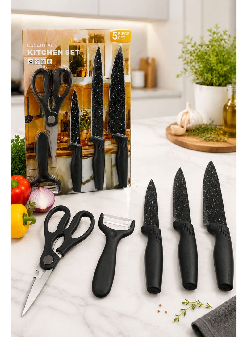 5 Piece Kitchen Knife Set with Scissors & Peeler, Non-Stick Stainless Steel Blades, Multipurpose Cooking Knife Set for Fruits, Vegetables & Meat , Black - Image 5