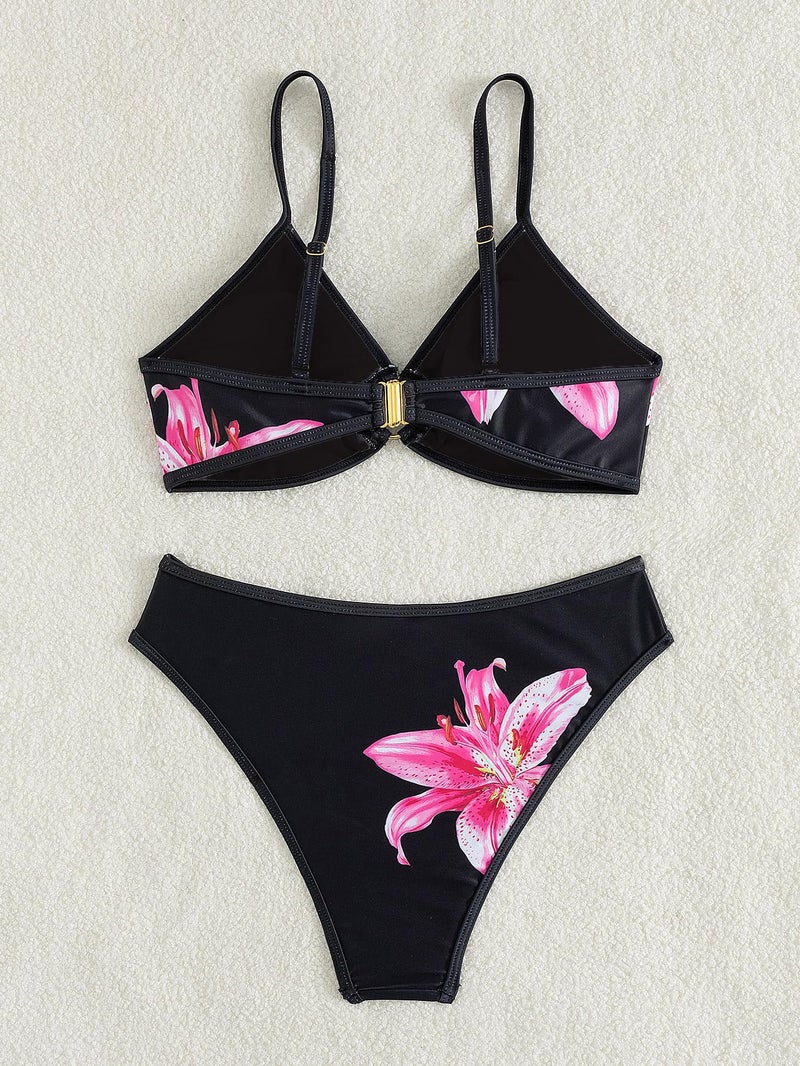 Tainehs Women's Two Piece Bikini Sets O Ring Front Top Ditsy Floral Triangle Swimsuits Cheeky Bathing Suit - Image 5