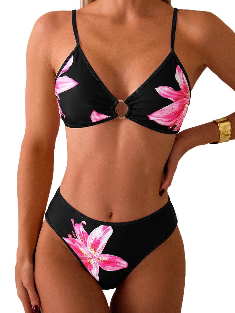 Tainehs Women's Two Piece Bikini Sets O Ring Front Top Ditsy Floral Triangle Swimsuits Cheeky Bathing Suit - Image 1