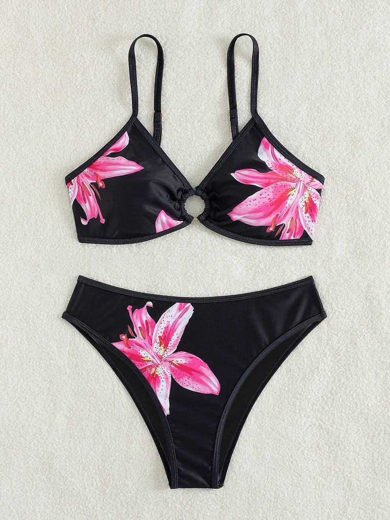 Tainehs Women's Two Piece Bikini Sets O Ring Front Top Ditsy Floral Triangle Swimsuits Cheeky Bathing Suit - Image 4