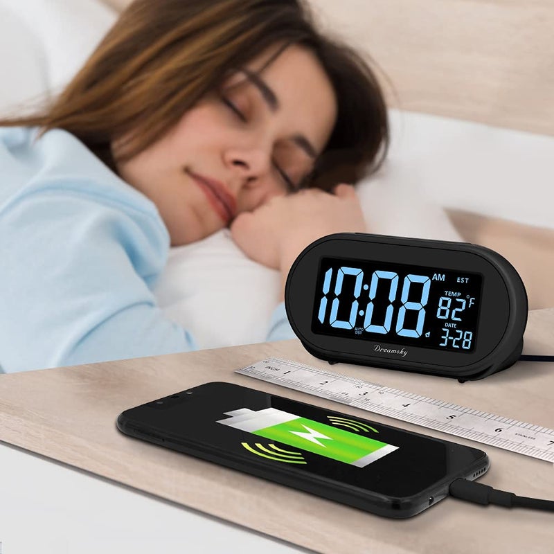 DreamSky Alarm Clocks for Bedrooms, Auto Set Digital Desk Clock for Bedside Nightstand, Electric Clock with Dimmable Brightness Dimmer, Auto DST, USB Port, Date, Temperature, Snooze - Image 3