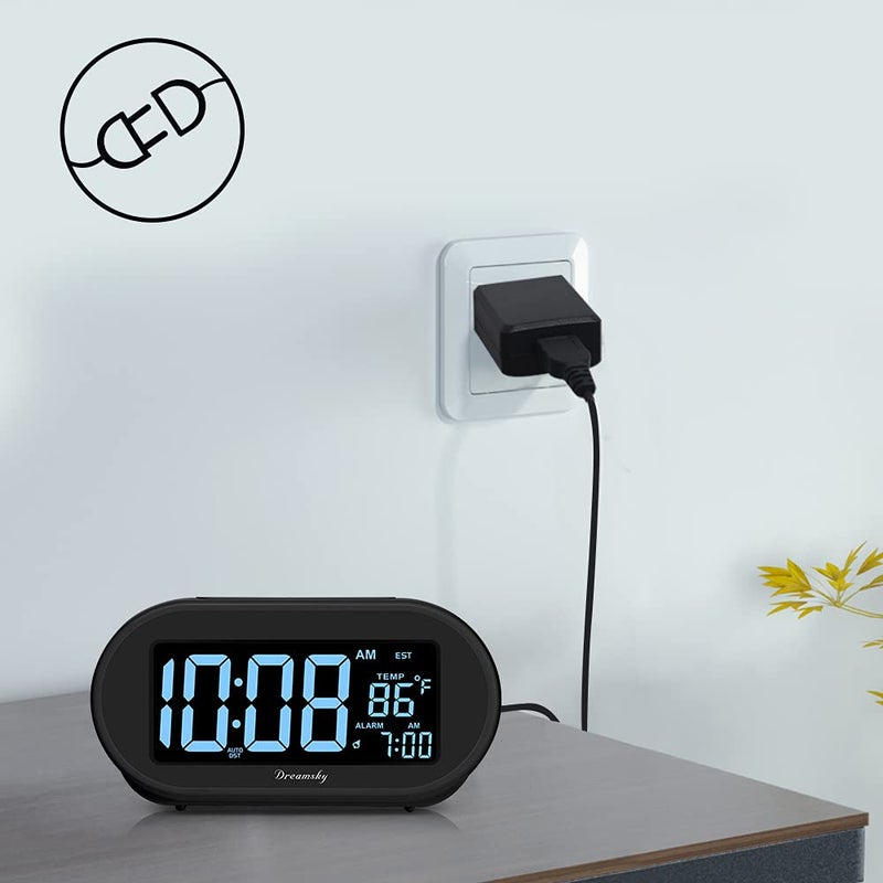 DreamSky Alarm Clocks for Bedrooms, Auto Set Digital Desk Clock for Bedside Nightstand, Electric Clock with Dimmable Brightness Dimmer, Auto DST, USB Port, Date, Temperature, Snooze - Image 2
