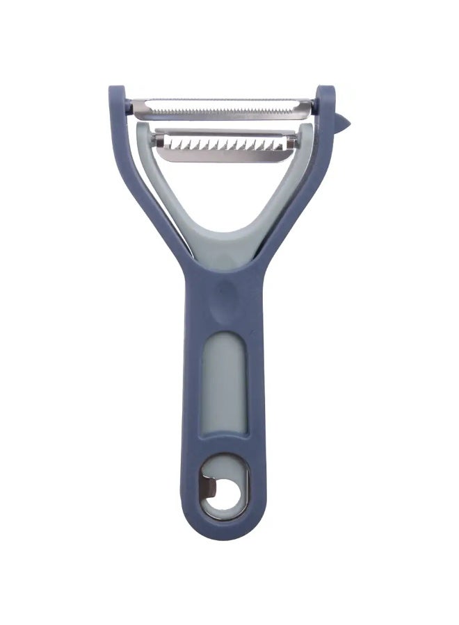 Make peeling fruits and vegetables easier with this practical peeler featuring dual stainless steel blades and a built-in opener in an elegant petrol grey color. - Image 1