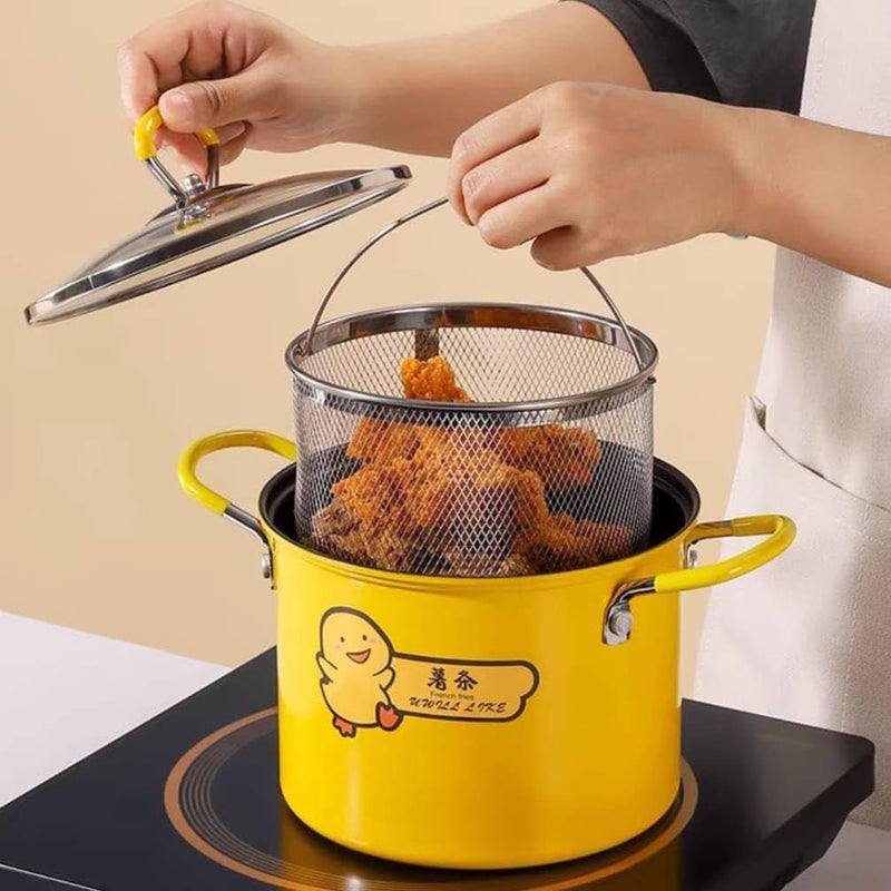 2 Liter Duck Roaster Pot with Glass Lid - Frying Pot with Oil Filter and Lid - Deep with Non-Slip Handle - Yellow