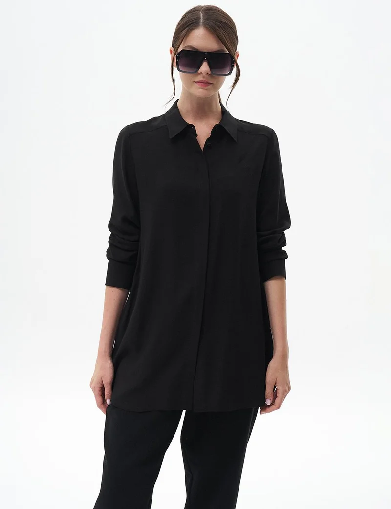 Kayra Concealed Placket Basic Tunic Black