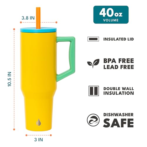 Elemental 40 oz Tumbler with Handle and Straw Spill Proof Insulated Stainless Steel Commuter for Cold Beverages Travel Coffee Mug with 2 Straws Spill Proof Lid 40oz Lemon Zest - Image 3