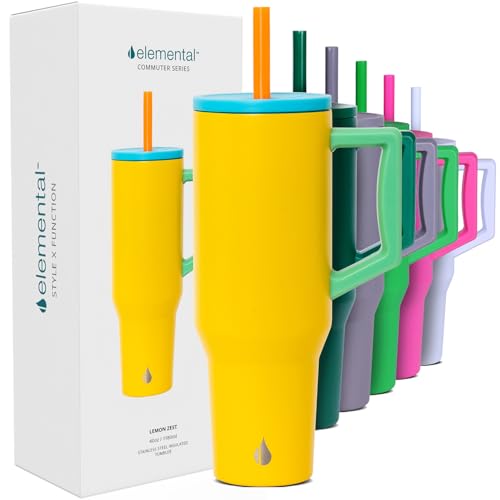 Elemental 40 oz Tumbler with Handle and Straw Spill Proof Insulated Stainless Steel Commuter for Cold Beverages Travel Coffee Mug with 2 Straws Spill Proof Lid 40oz Lemon Zest - Image 1