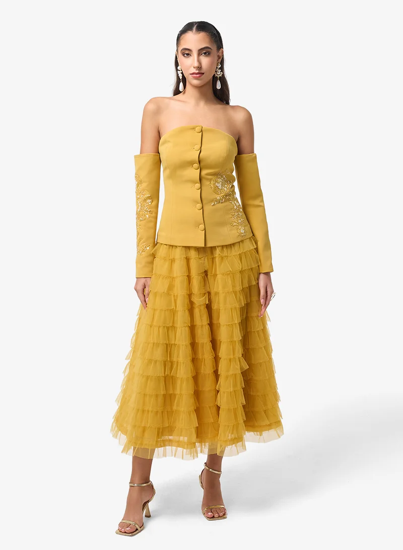 Threadz By Ajooni  Embroidered Corset Off-Shoulder Midi Dress for Women | Best Price UAE