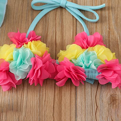 Yccutest Infant Baby Girl Flower Swimsuit 3Pcs Halter Triangle Tops Ruffle Bottoms Sun Hat Bikini Set Bathing Suit Swimwear (Blue,0-6 Months) - Image 3