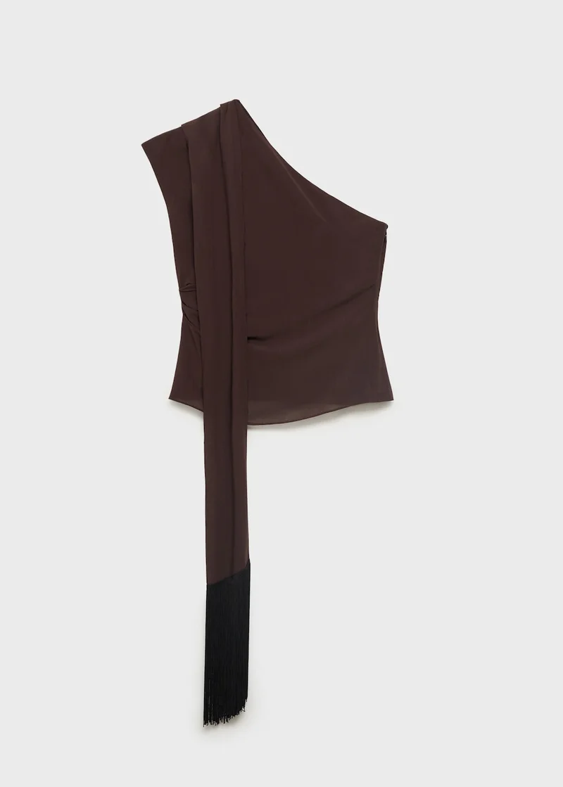 MANGO Fringe Detail Asymmetrical Scarf Blouse