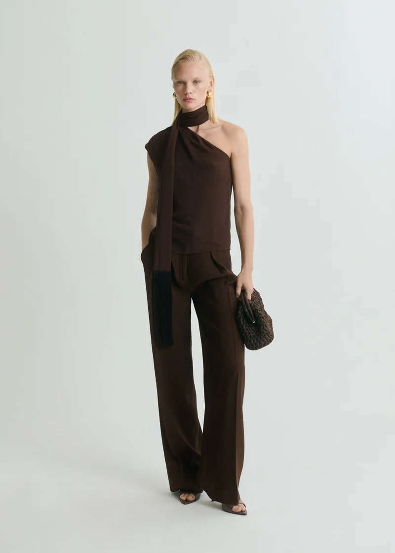 MANGO Fringe Detail Asymmetrical Scarf Blouse
