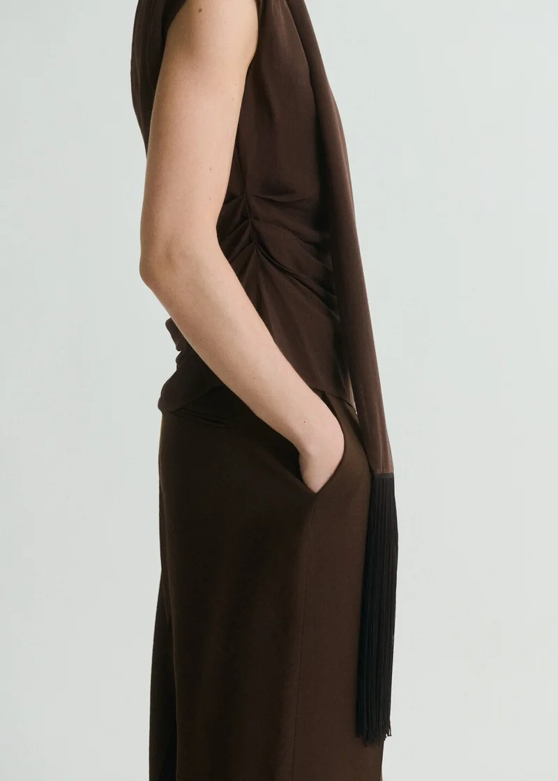 MANGO Fringe Detail Asymmetrical Scarf Blouse
