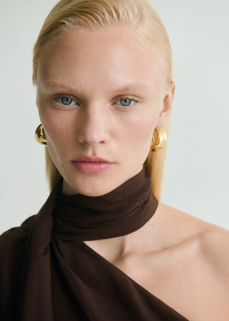 MANGO Fringe Detail Asymmetrical Scarf Blouse
