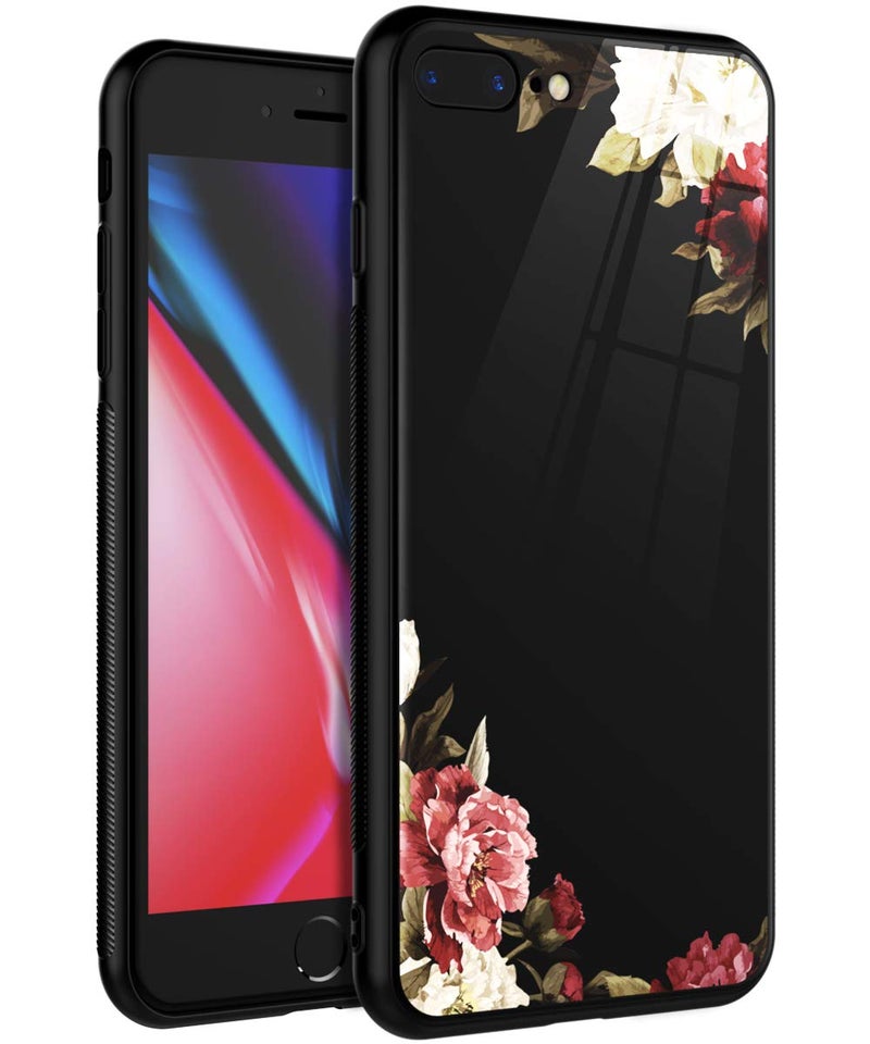 HUATRK Compatible with Case iPhone 8 Plus/7 Plus Beautiful Flowers for Girls/Women Hard Plastic and TPU Protection Slim Fit Shock Absorption Protective Cover - Black - Image 1