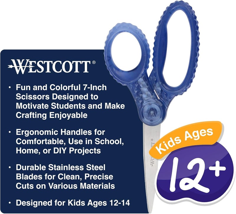 Westcott GEM Crystal-Design 7-Inch Pointed Student Scissors for Ages 12+, Classroom Essential with Comfortable Grip, Ideal for Left or Right Hand, Back to School, School Supplies, Blue - Image 3