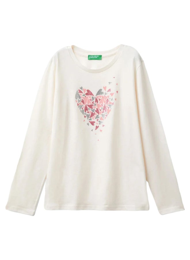 بينيتون تيشيرت بناتي مطبوع بأكمام طويلة - Image 1