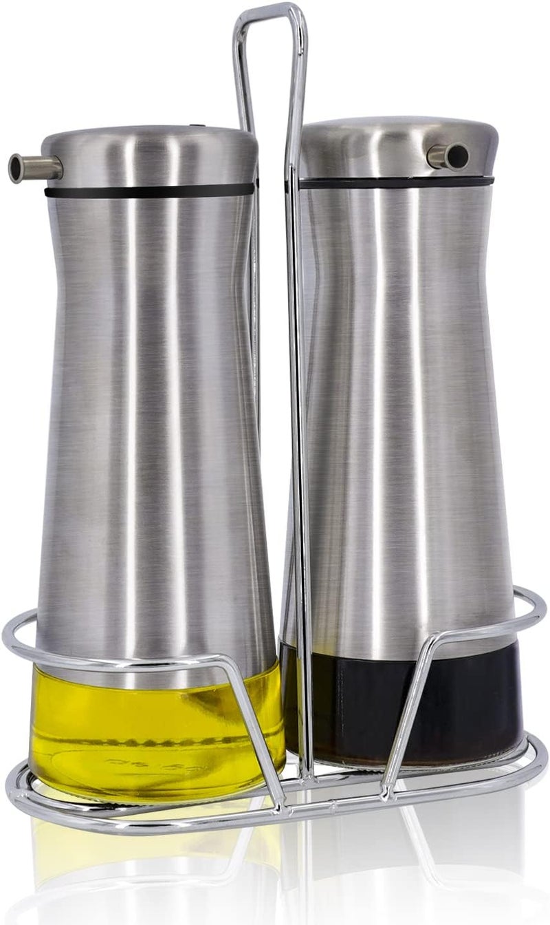 Aelga Olive Oil And Vinegar Dispenser Bottle Set with Rack by -2 Pack Elegant Stainless Steel Oil Dispenser Set- Oil Dispenser Bottle for Kitchen with Drip Free - Image 1