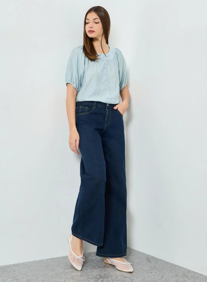 Styli Blue Button-Down Blouse with Short Sleeves