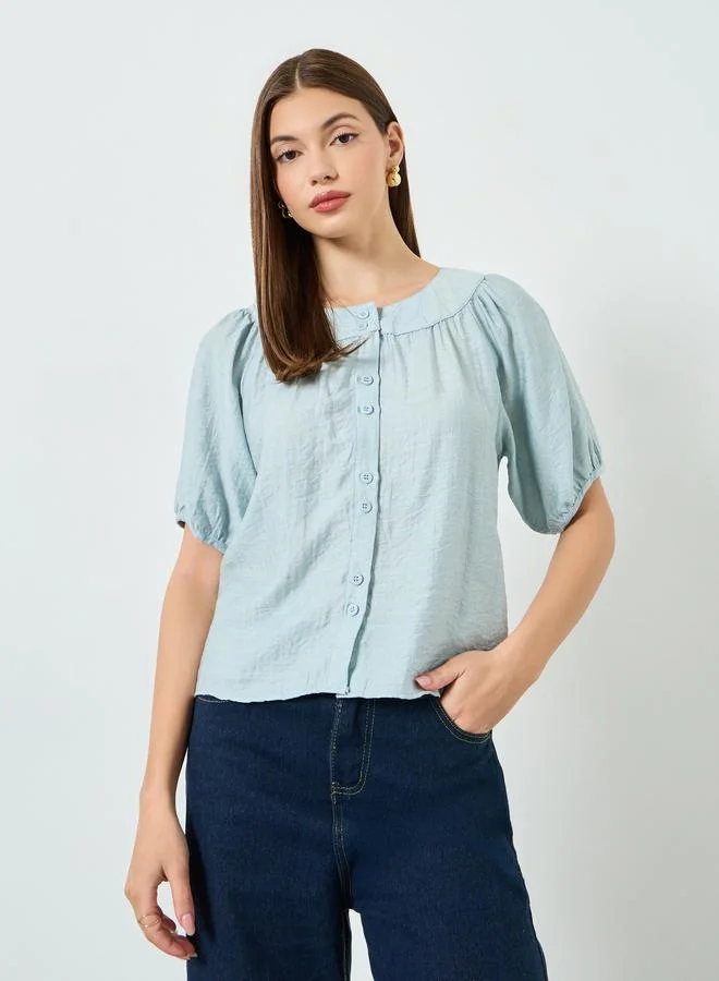 Styli Blue Button-Down Blouse with Short Sleeves