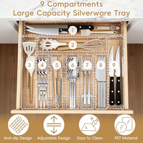 Pesilo Expandable Silverware Organizers for Kitchen Drawer, Clear Utensil Drawer Organizer Tray, Adjustable Cutlery Flatware Holder for Spoon Fork Knife, Plastic Spatula Tools Gadgets Storage Divider - Image 3
