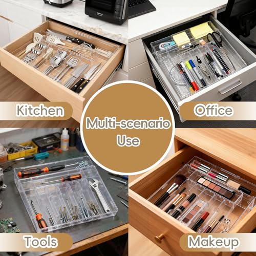 Pesilo Expandable Silverware Organizers for Kitchen Drawer, Clear Utensil Drawer Organizer Tray, Adjustable Cutlery Flatware Holder for Spoon Fork Knife, Plastic Spatula Tools Gadgets Storage Divider - Image 4